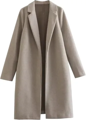 Akklian Women's Winter Wool Coat Casual Notch Lapel Open Front Pea Coat Classic Warm Midi Jacket Fashion Trench Coat Overcoat