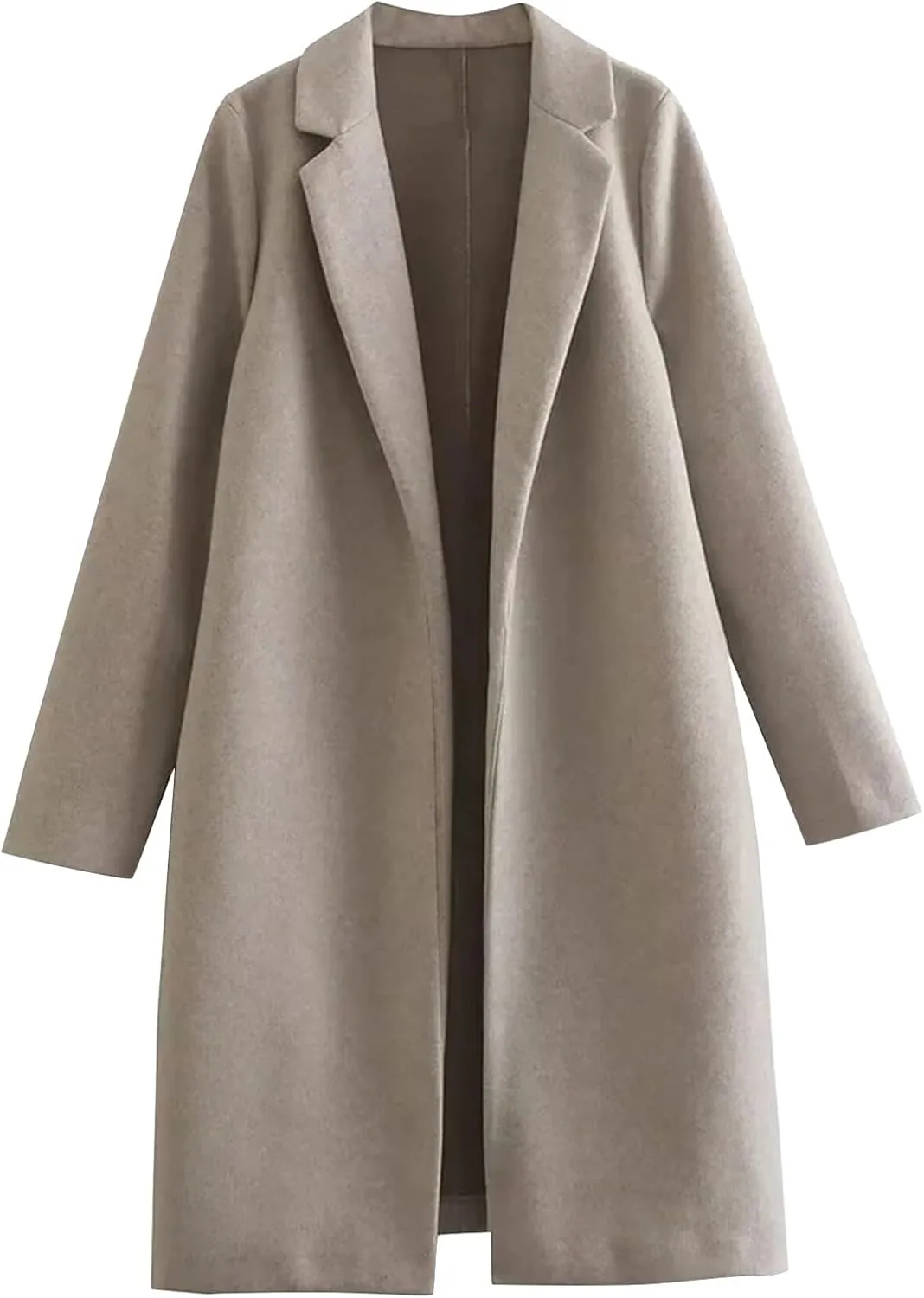 Akklian Women's Winter Wool Coat Casual Notch Lapel Open Front Pea Coat Classic Warm Midi Jacket Fashion Trench Coat Overcoat