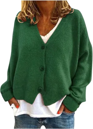 Cardigan Sweater for Women Cropped Knit Cardigans Open Front V-Neck Crochet Solid Sweaters Long Sleeve Button Up Tops