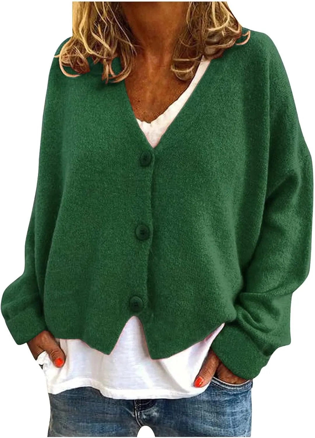 Cardigan Sweater for Women Cropped Knit Cardigans Open Front V-Neck Crochet Solid Sweaters Long Sleeve Button Up Tops