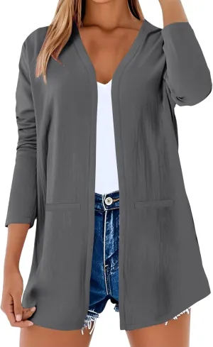 Cardigans for Women Trendy Lightweight Summer Open Front Long Sleeve Casual Gauze Shirt Dressy Casual Blouses Pockets