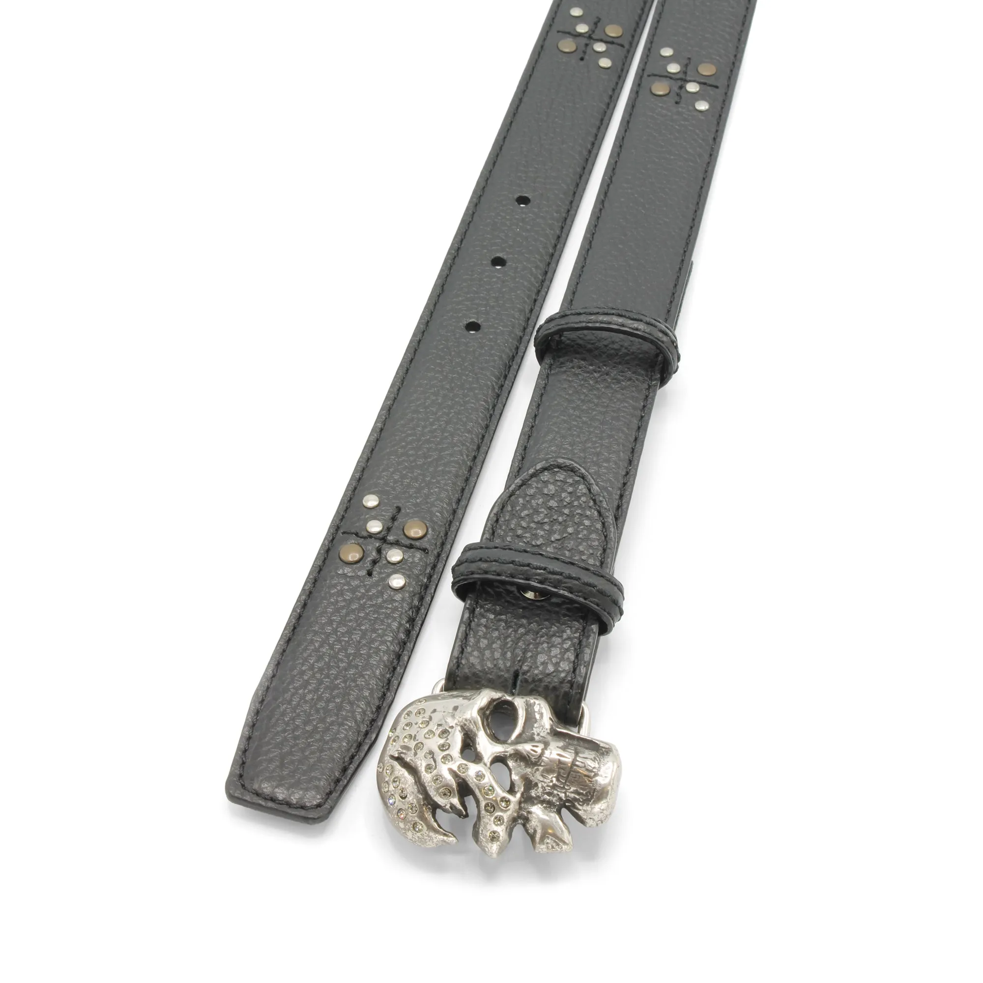 Crawford Narrow Black Cross Stud Skull Belt