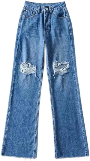 CSCDD Fashion Women's Jeans High Waist Ripped Wide Leg Loose Denim Trousers for Female Baggy Mom Straight Pants