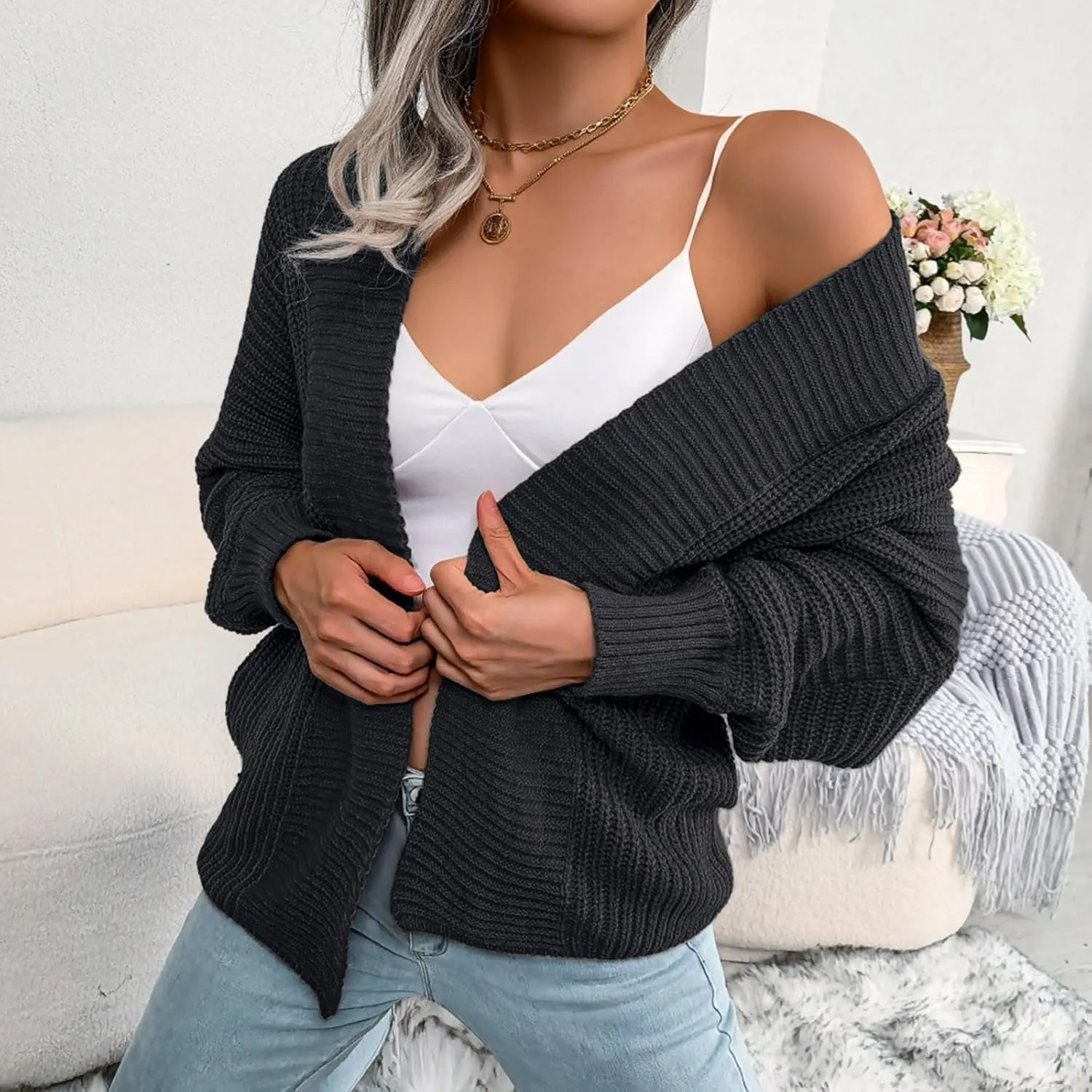 Fall Cardigans for Women 2024 Lightweight Open Knit Front Long Sleeve Cardigan Sweater Casual Solid Color Outwear