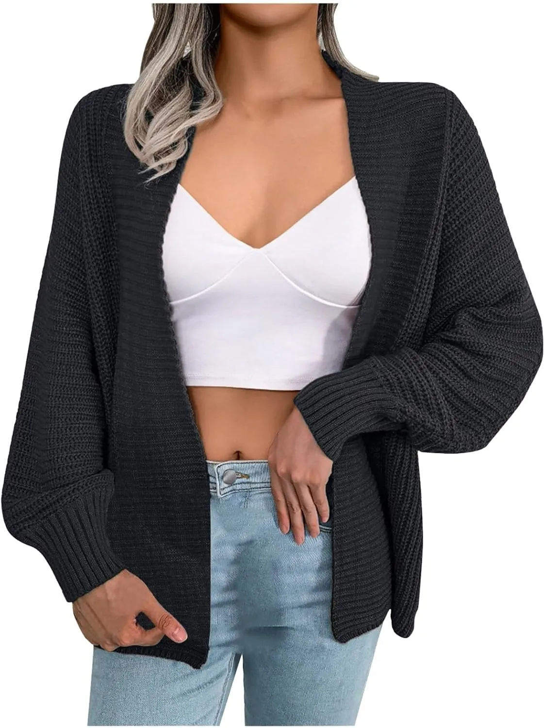 Fall Cardigans for Women 2024 Lightweight Open Knit Front Long Sleeve Cardigan Sweater Casual Solid Color Outwear