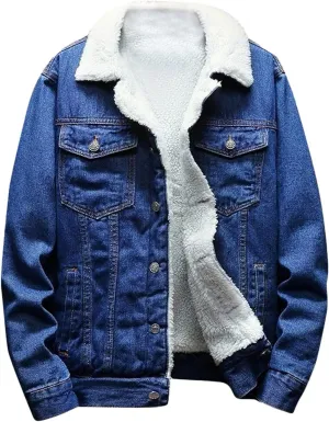 Fleece Lined Jean Jacket Mens Lapel Sherpa Denim Jackets Casual Winter Thermal Thicken Crop Trucker Jacket Coats