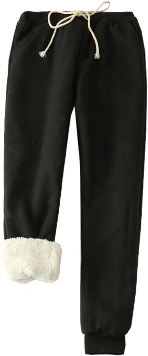 Kissonic Women's Warm Fleece Joggers Pants Athletic Track Sherpa Lined Sweatpants (Black, Small)