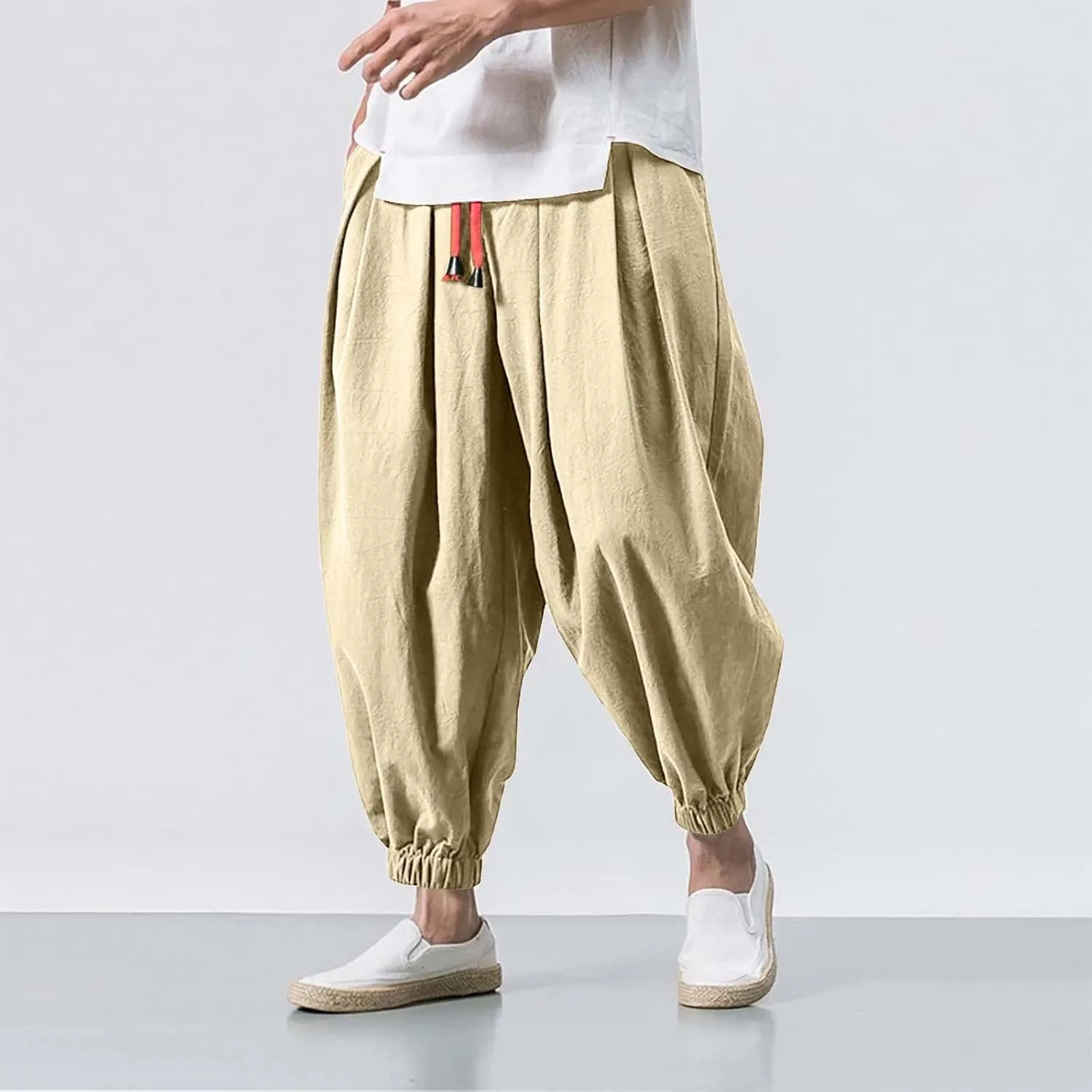 Mens Casual Pants Wide Leg Jogger Pants Plus Size Solid Comfort Trendy Drawstring Elastic Waist Trousers