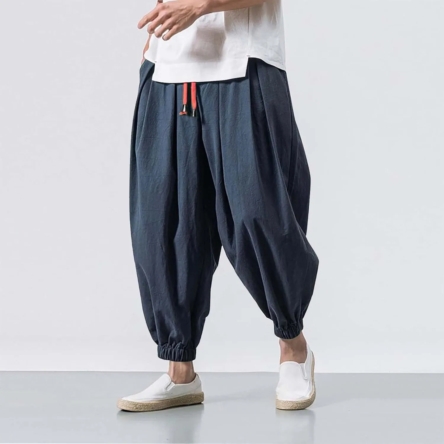 Mens Casual Pants Wide Leg Jogger Pants Plus Size Solid Comfort Trendy Drawstring Elastic Waist Trousers