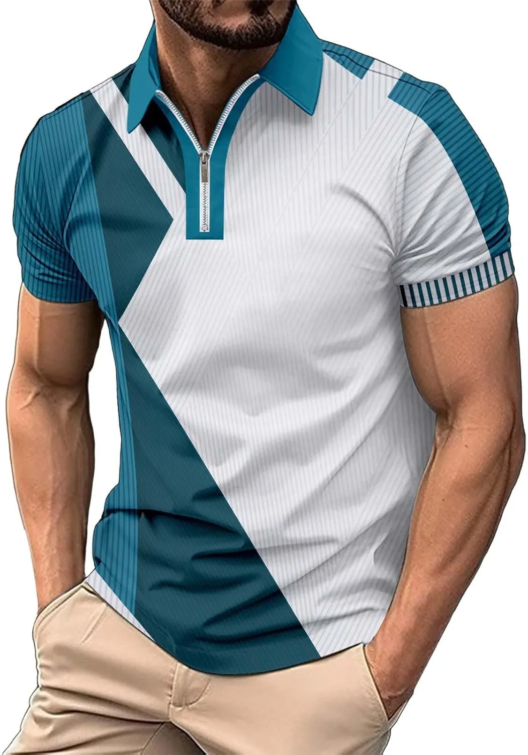 Mens Fashion Polo Shirts Casual Short Sleeve T Shirt Striped Moisture Wicking Golf Shirts Tops Spring Summer Pullover