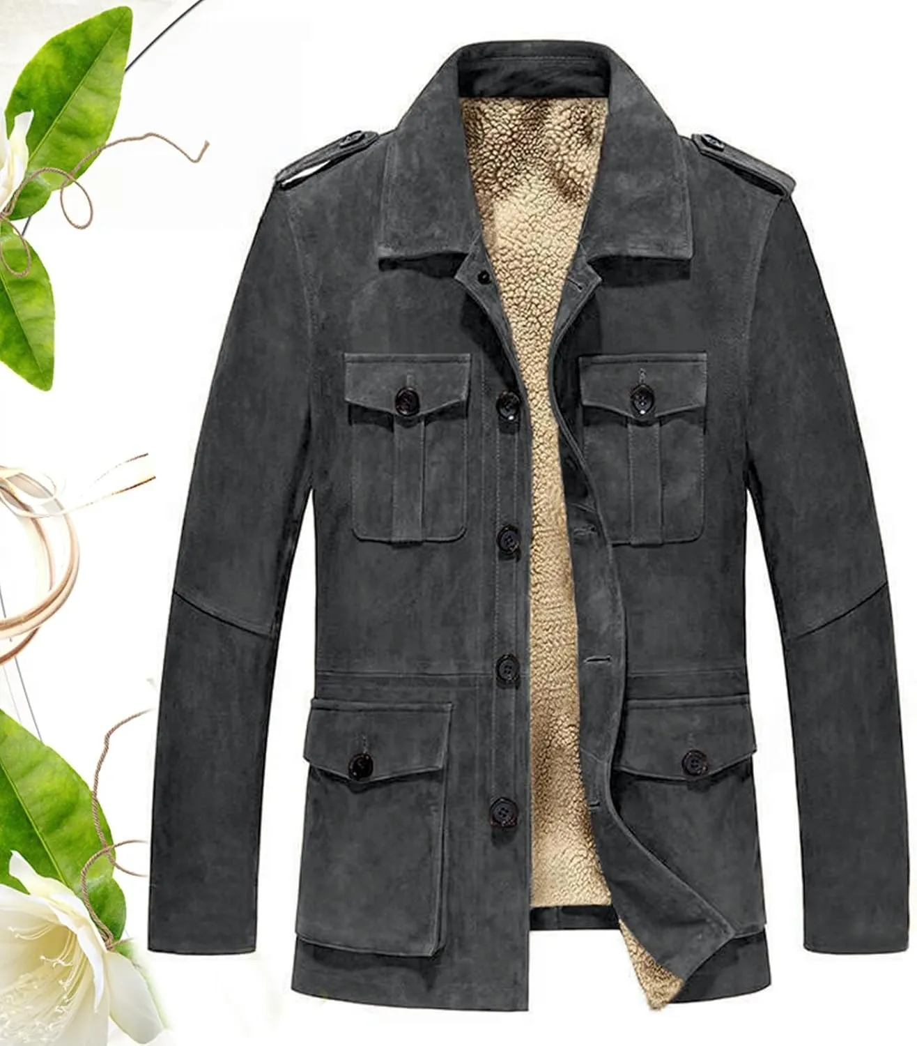 Mens Faux Suede Trench Coats Heavyweight Sherpa Lined Single Breasted Warm Pea Coats Sheepskin Winter Bomber Jackets