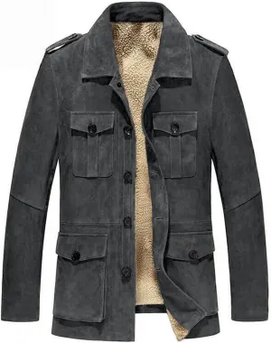 Mens Faux Suede Trench Coats Heavyweight Sherpa Lined Single Breasted Warm Pea Coats Sheepskin Winter Bomber Jackets