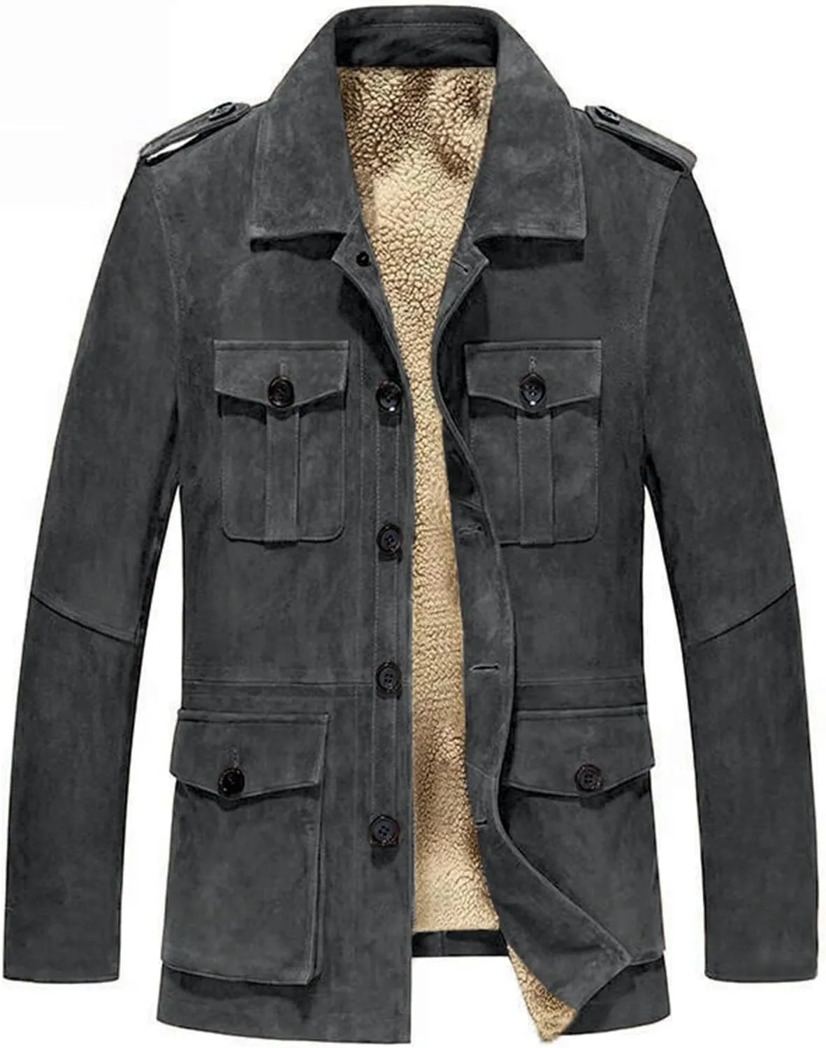 Mens Faux Suede Trench Coats Heavyweight Sherpa Lined Single Breasted Warm Pea Coats Sheepskin Winter Bomber Jackets