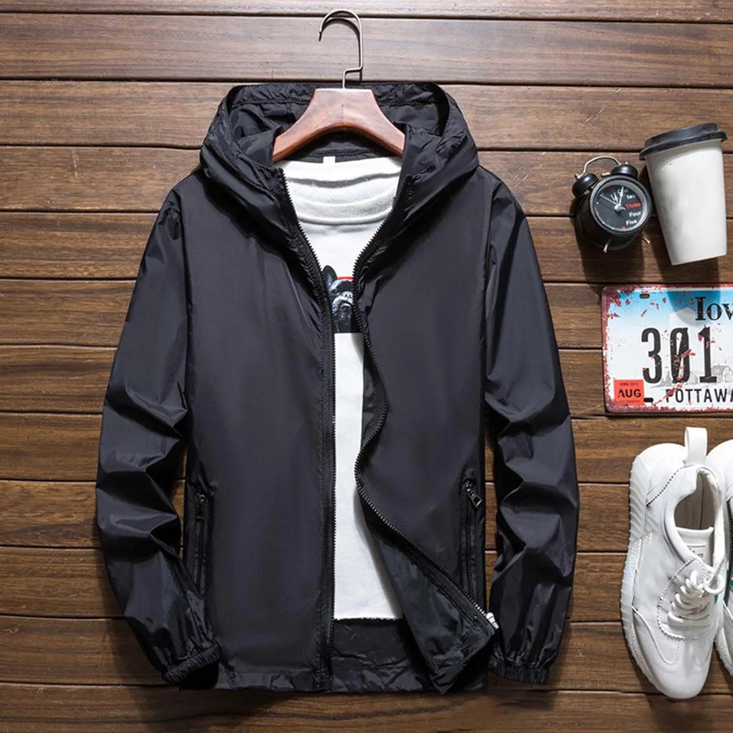 Mens Lightweight Waterproof Rain Jacket Fleece Lined Windproof Softshell Refleciton Coat Pocket with Zipper Windbreaker