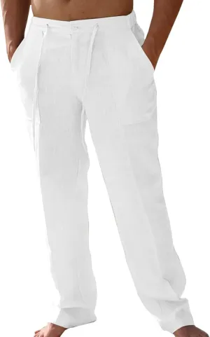 Men's Linen Pants Tall Elastic Waist Drawstring Beach Pants Summer Pants with Pockets Lightweight Trousers