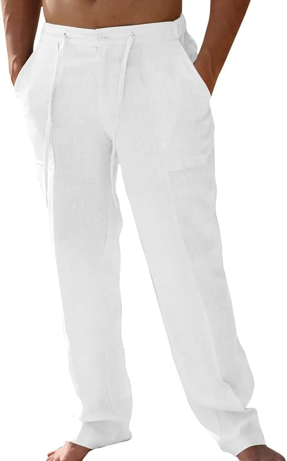 Men's Linen Pants Tall Elastic Waist Drawstring Beach Pants Summer Pants with Pockets Lightweight Trousers