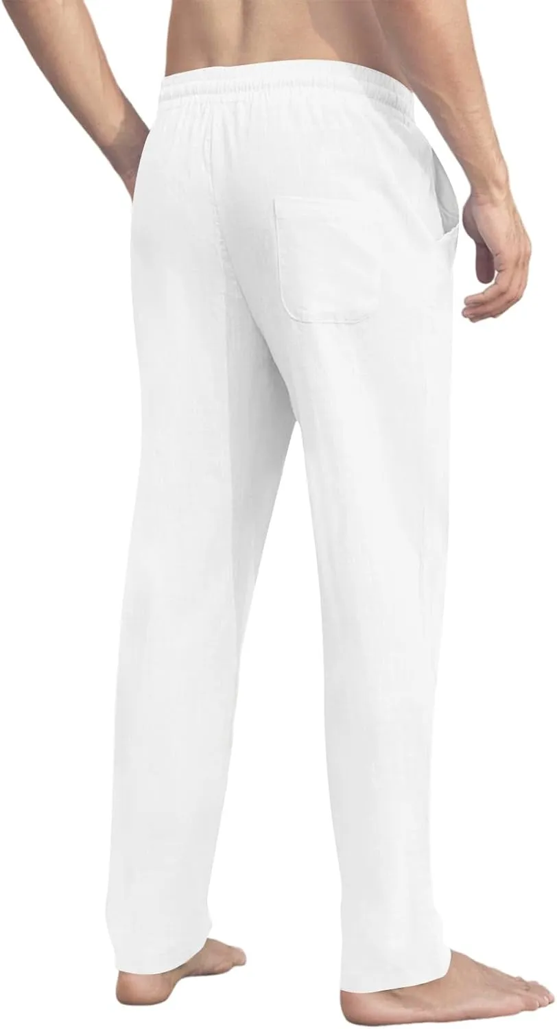 Men's Linen Pants Tall Elastic Waist Drawstring Beach Pants Summer Pants with Pockets Lightweight Trousers