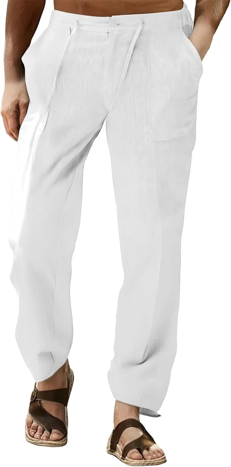 Men's Linen Pants Tall Elastic Waist Drawstring Beach Pants Summer Pants with Pockets Lightweight Trousers