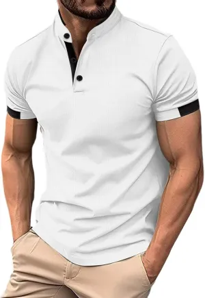 Mens Short Sleeve Polo Shirt Summer Casual Band Collar Tops Henley Shirts 2024 Fashion Classic Collarless Golf Shirts