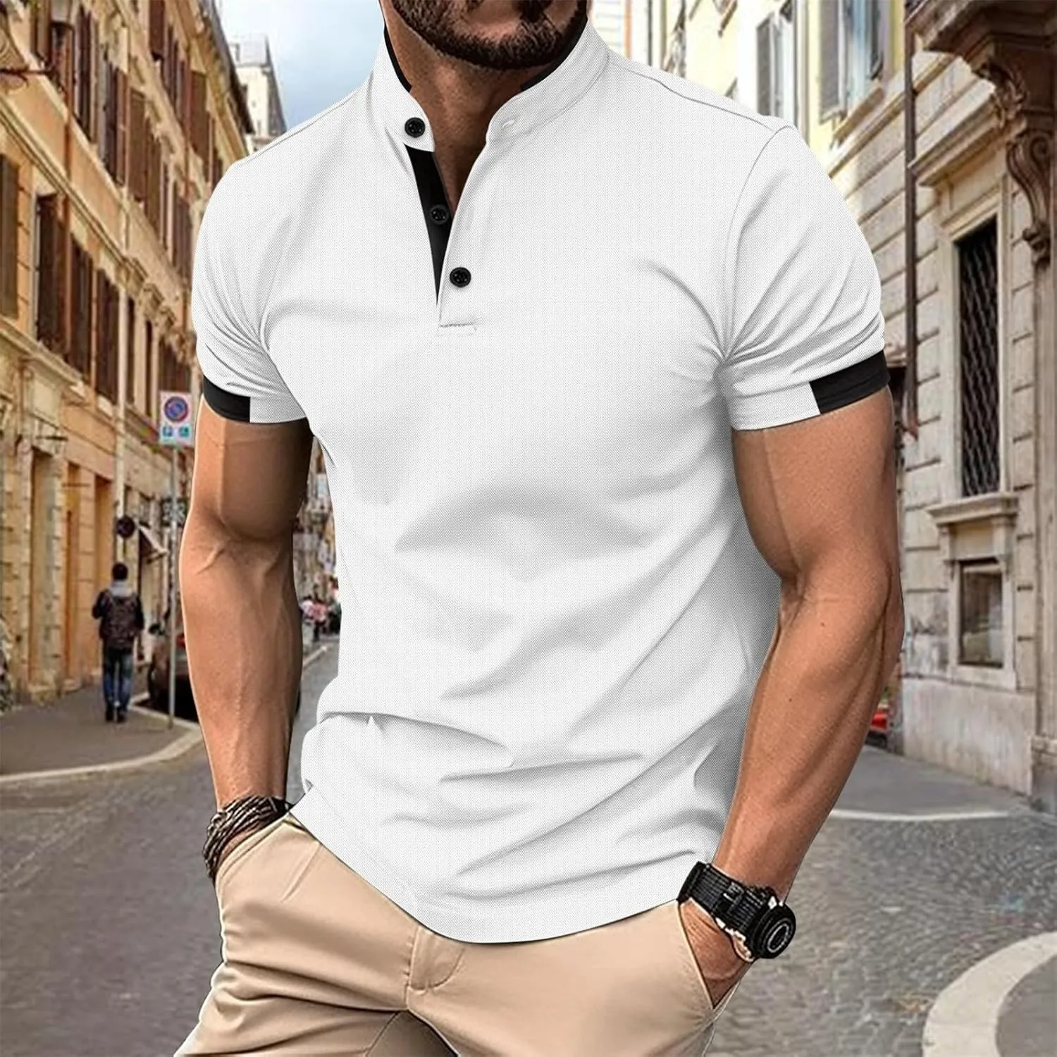 Mens Short Sleeve Polo Shirt Summer Casual Band Collar Tops Henley Shirts 2024 Fashion Classic Collarless Golf Shirts