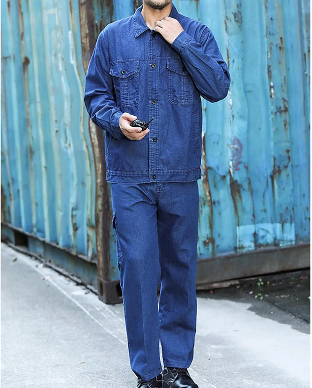 Men's Slim Fit with Jeans Denim Jacket Classic Casual Trucker Jackets Set Loose Fit Washed Workwear Jeans