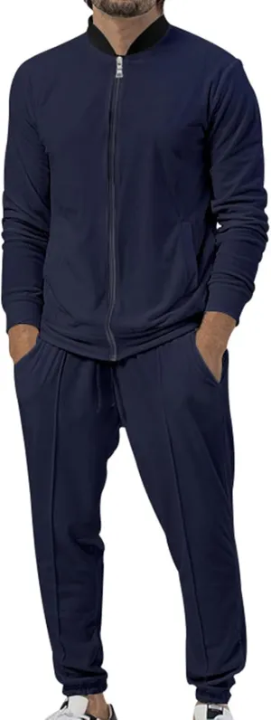 Mens Two Piece Sportswear Set, Stylish Solid Color Stand Collar Cotton Top and Matching Pants, for Fitness, Jogging