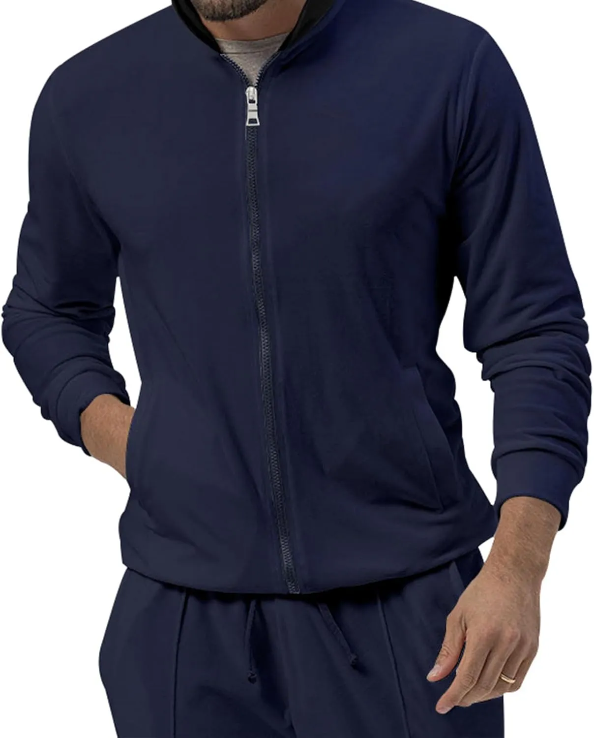 Mens Two Piece Sportswear Set, Stylish Solid Color Stand Collar Cotton Top and Matching Pants, for Fitness, Jogging
