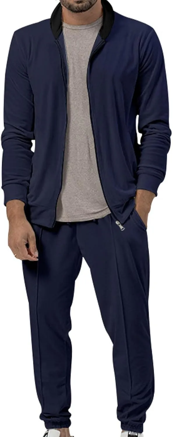 Mens Two Piece Sportswear Set, Stylish Solid Color Stand Collar Cotton Top and Matching Pants, for Fitness, Jogging
