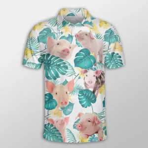 Pig In Tropical Leaves Pattern Button Polo Shirt, Shirt for Farmer