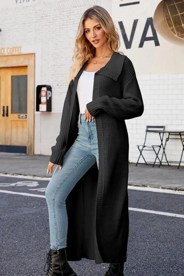 Plus Women Waffle Knit Lapel Long Length Cardigan