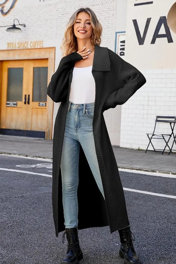 Plus Women Waffle Knit Lapel Long Length Cardigan