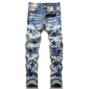 Stars Patched Men's Denim: Chic Style for Casual Daily Wear^
