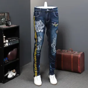 Tiger Head Embroidery Print with Letters pattern on Sides Casual Style Men Jeans