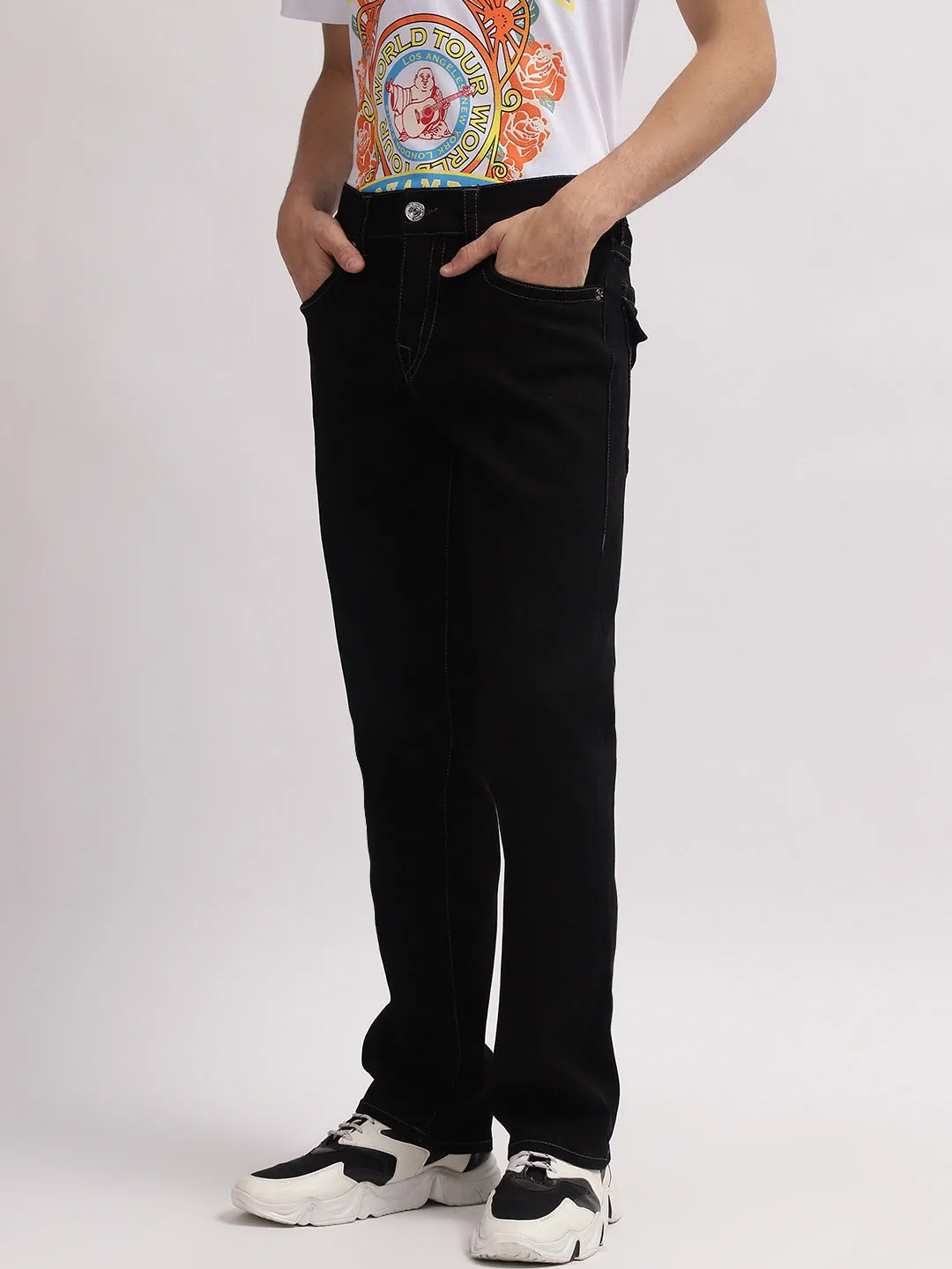 True Religion Men Black Straight Fit Mid-Rise Non Stretchable Jeans