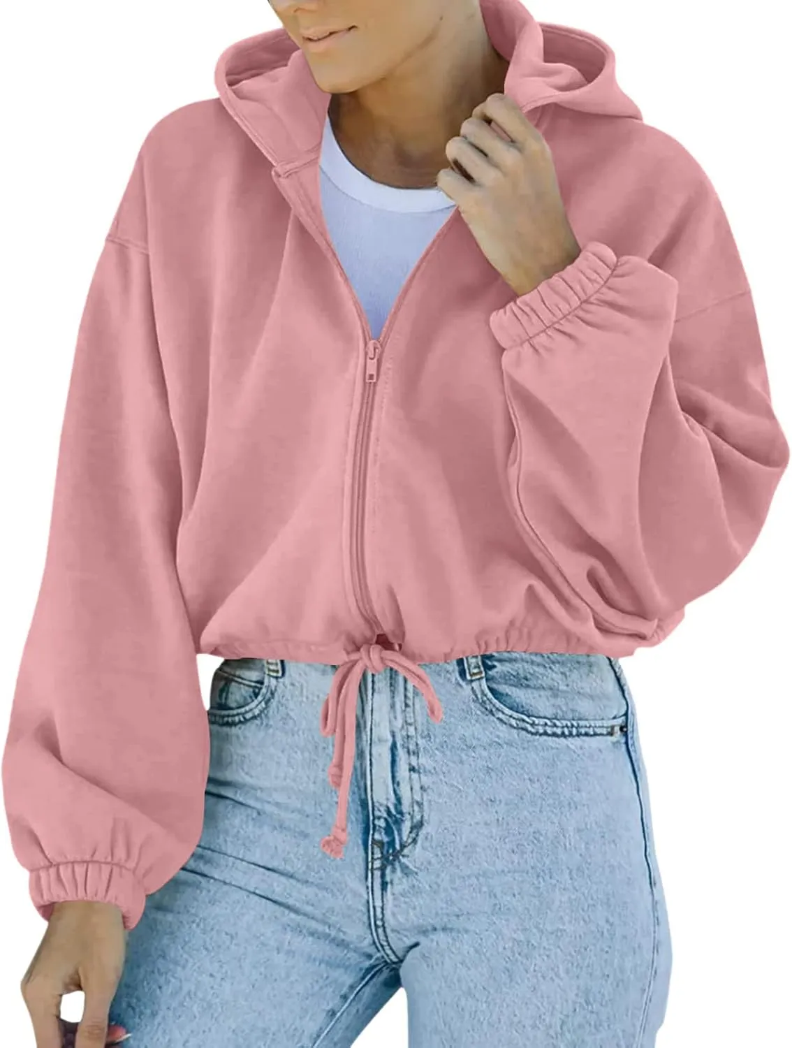 tuduoms Women's Casual Zip Up Hoodies Loose Workout Cute Crop Tops Long Sleeve Drawstring Pullover Hooded Cropped Sweatshirt