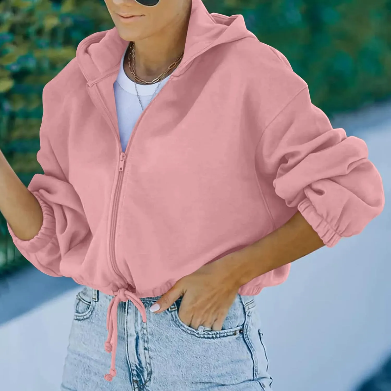 tuduoms Women's Casual Zip Up Hoodies Loose Workout Cute Crop Tops Long Sleeve Drawstring Pullover Hooded Cropped Sweatshirt