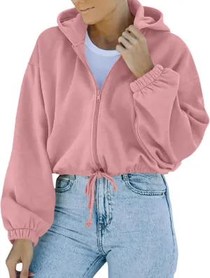 tuduoms Women's Casual Zip Up Hoodies Loose Workout Cute Crop Tops Long Sleeve Drawstring Pullover Hooded Cropped Sweatshirt