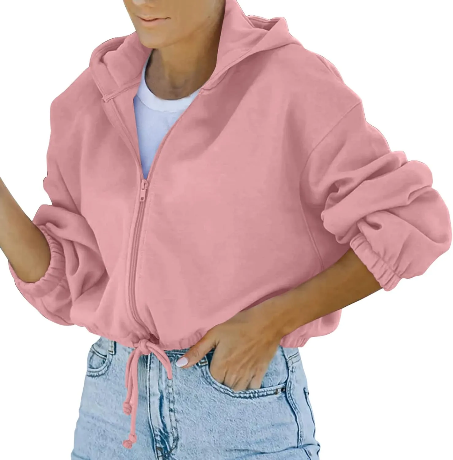 tuduoms Women's Casual Zip Up Hoodies Loose Workout Cute Crop Tops Long Sleeve Drawstring Pullover Hooded Cropped Sweatshirt