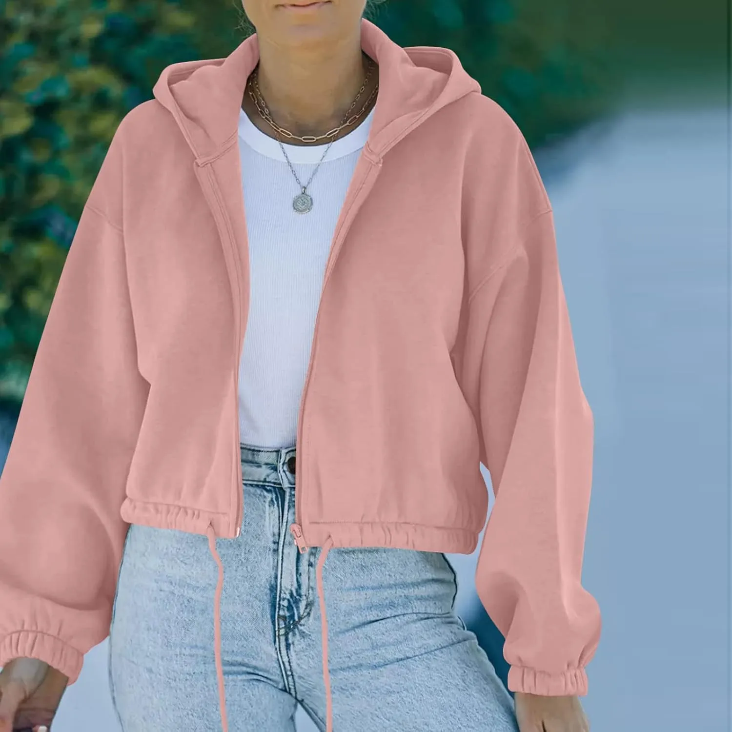tuduoms Women's Casual Zip Up Hoodies Loose Workout Cute Crop Tops Long Sleeve Drawstring Pullover Hooded Cropped Sweatshirt