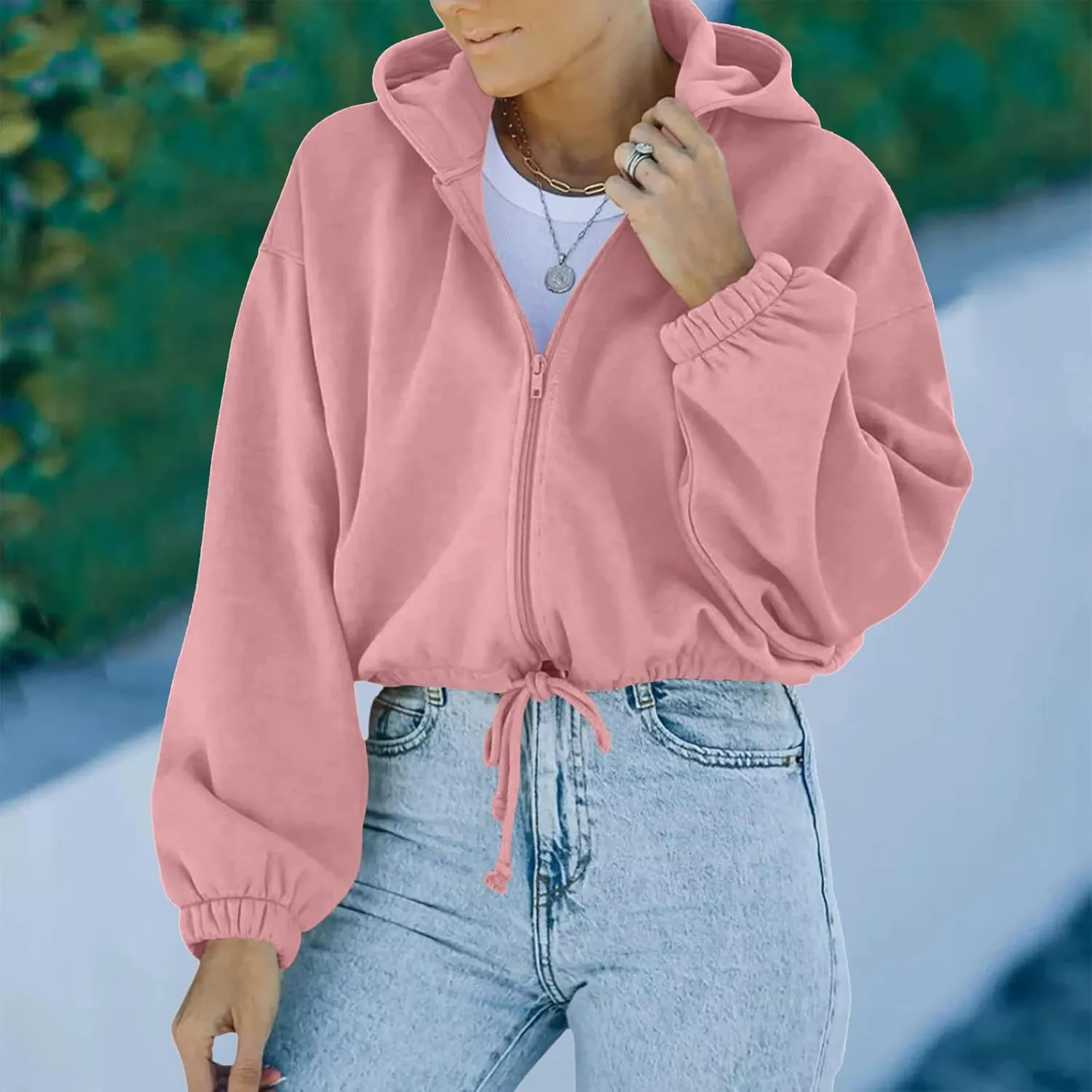 tuduoms Women's Casual Zip Up Hoodies Loose Workout Cute Crop Tops Long Sleeve Drawstring Pullover Hooded Cropped Sweatshirt