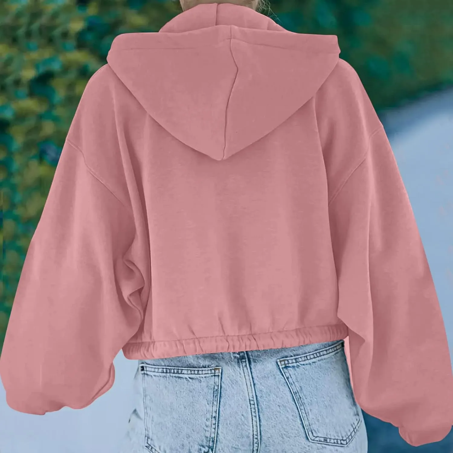 tuduoms Women's Casual Zip Up Hoodies Loose Workout Cute Crop Tops Long Sleeve Drawstring Pullover Hooded Cropped Sweatshirt