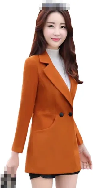 Vsadsau Women's Blended Wool Coat Autumn And Winter Lapel Solid Color Double-Breasted Jacket