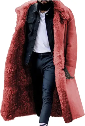 Wankang Sherpa Lined Long Jacket Men Faux Leather Shearling Jacket Mens Fur Long Trench Coats Winter Sheepskin Fleece Coat