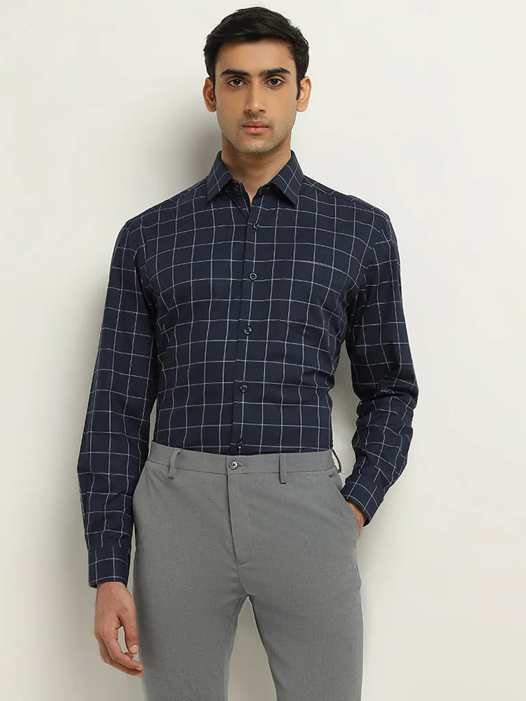 WES Formals Navy Checks Printed Relaxed-Fit Cotton Shirt