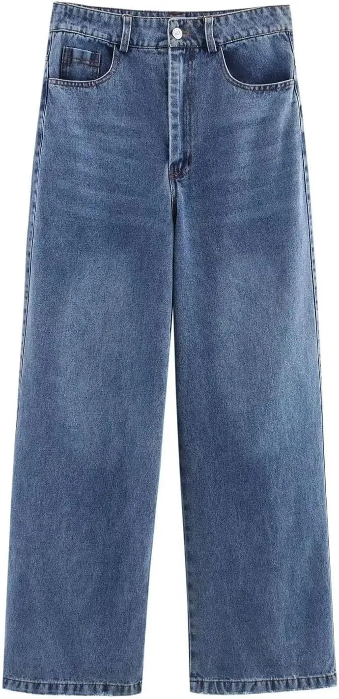 Women Fashion Wind Loose Jeans Chic Zipper Casual Pants Trousers High-Waisted Slimming Loose-Fit Jeans