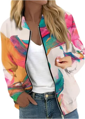 Women's Bomber Jacket Casual Coat Zip Up Outerwear Windbreaker with Pockets