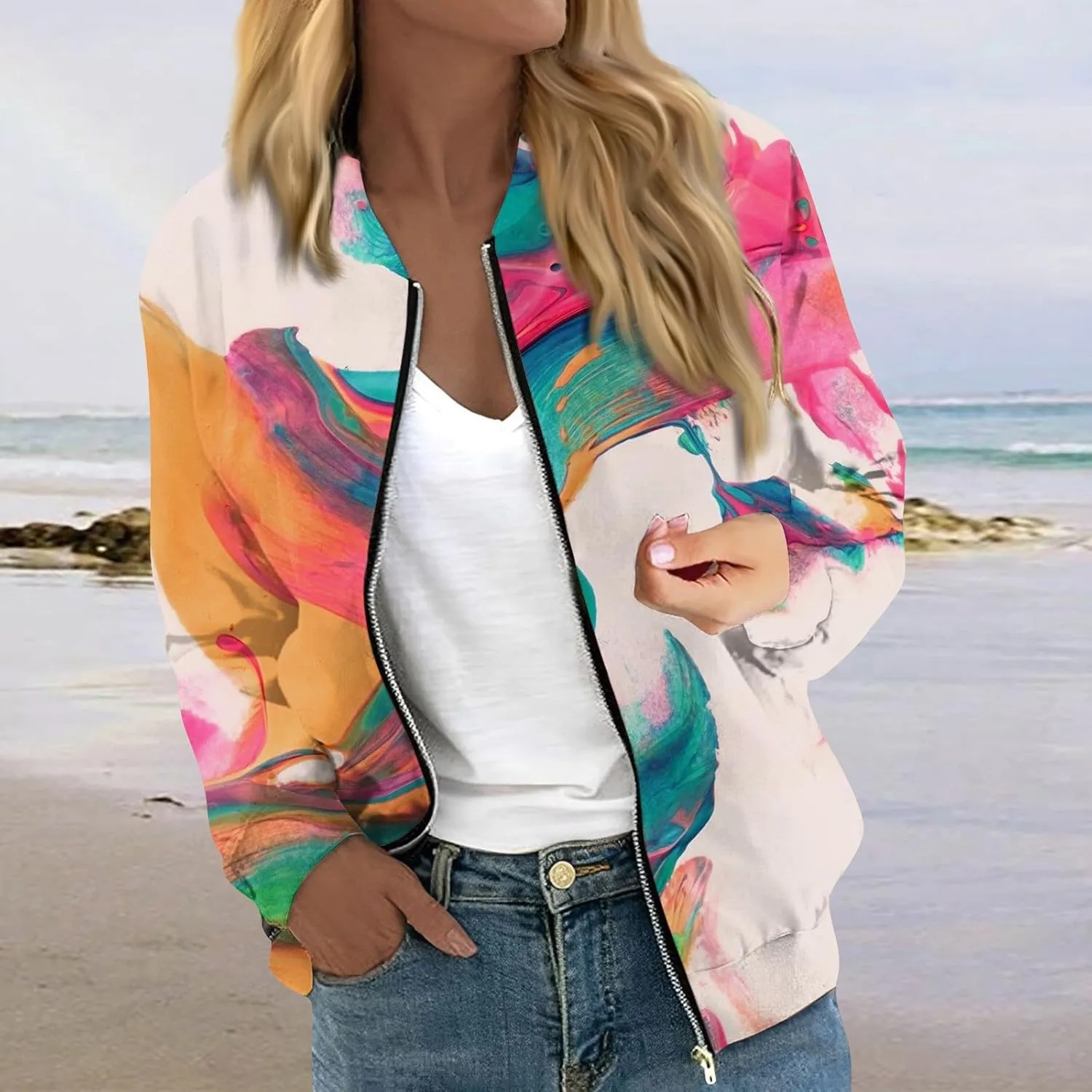 Women's Bomber Jacket Casual Coat Zip Up Outerwear Windbreaker with Pockets
