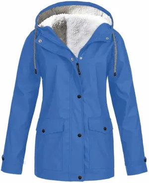 Women's Fleece Windbreakers Hooded Waterproof Warm Parka Trench Coats Plus Size Zip Up Button Outdoor Winter Jacket