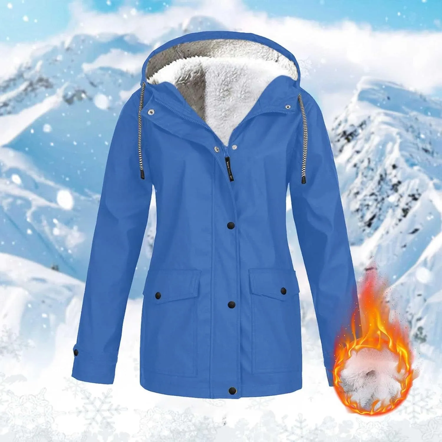 Women's Fleece Windbreakers Hooded Waterproof Warm Parka Trench Coats Plus Size Zip Up Button Outdoor Winter Jacket