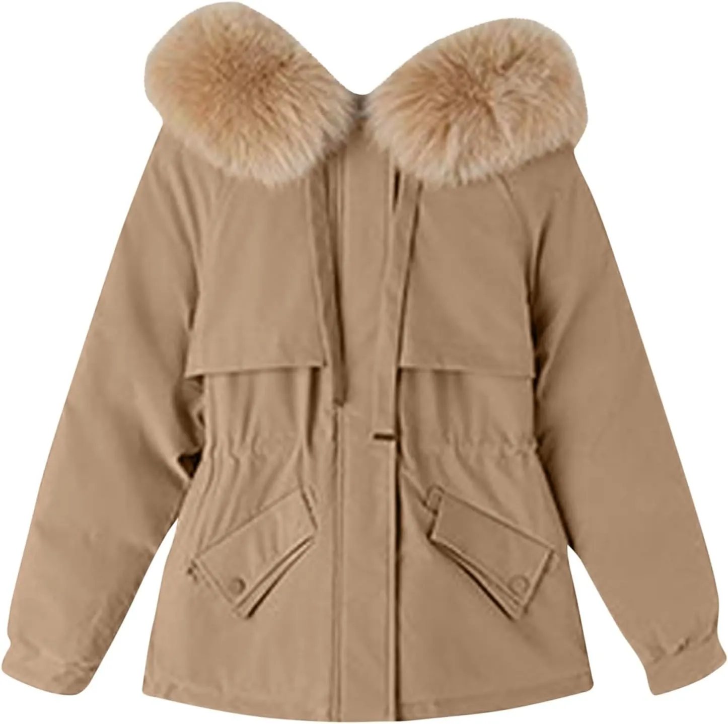 Womens Winter Puffer Jackets Plush Hooded Windbreaker Faux Fur Down Coats Drawtring Waist Furry Lined Fuzzy Parka